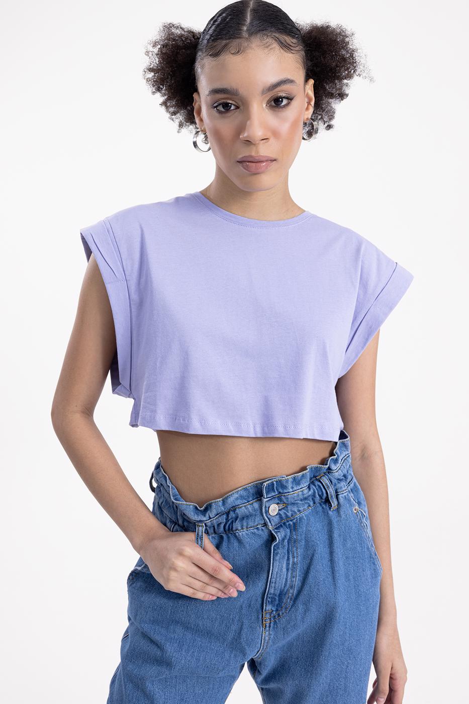 Bayan Lila Düşük Omuzlu Basic Crop Tshirt