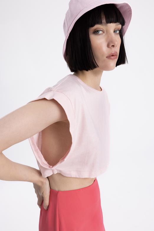 Bayan Pembe Düşük Omuzlu Basic Crop Tshirt - BSL