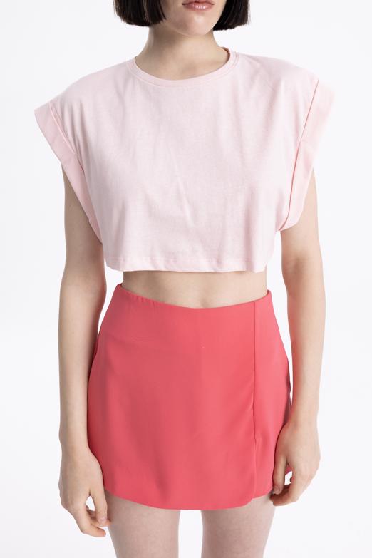 Bayan Pembe Düşük Omuzlu Basic Crop Tshirt - BSL