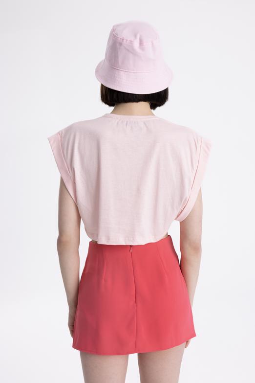 Bayan Pembe Düşük Omuzlu Basic Crop Tshirt - BSL
