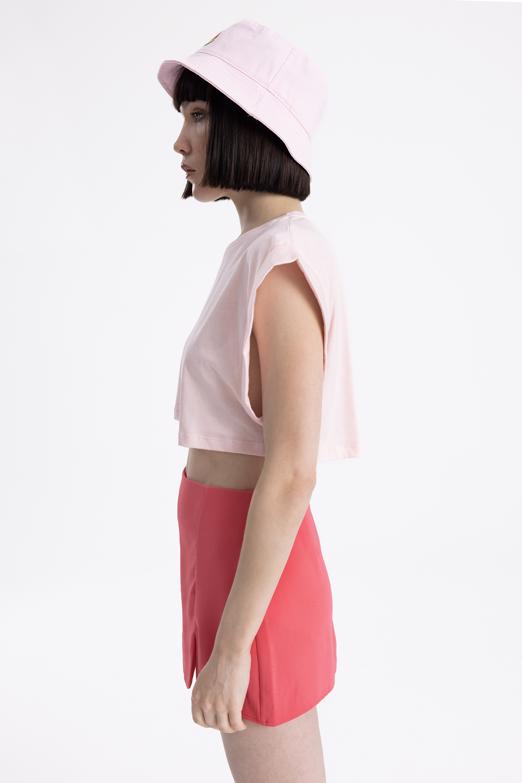 Bayan Pembe Düşük Omuzlu Basic Crop Tshirt - BSL