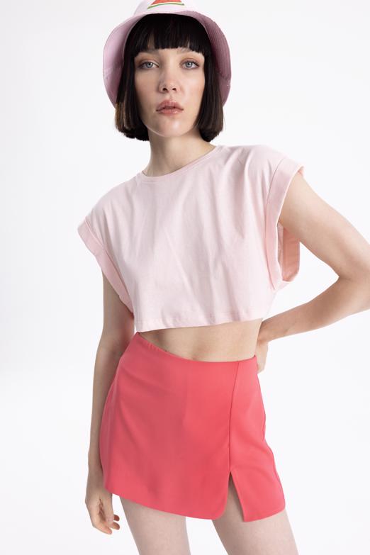 Bayan Pembe Düşük Omuzlu Basic Crop Tshirt - BSL