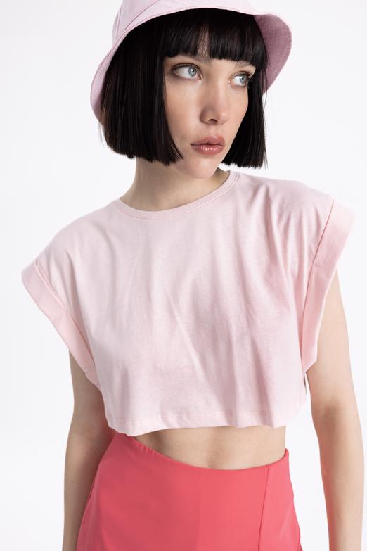 Bayan Pembe Düşük Omuzlu Basic Crop Tshirt - BSL