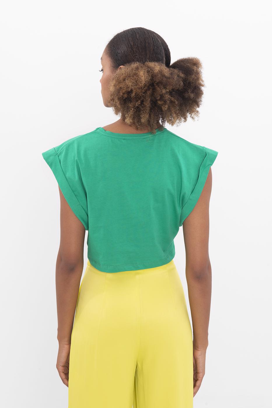 Bayan Yeşil Düşük Omuzlu Basic Crop Tshirt