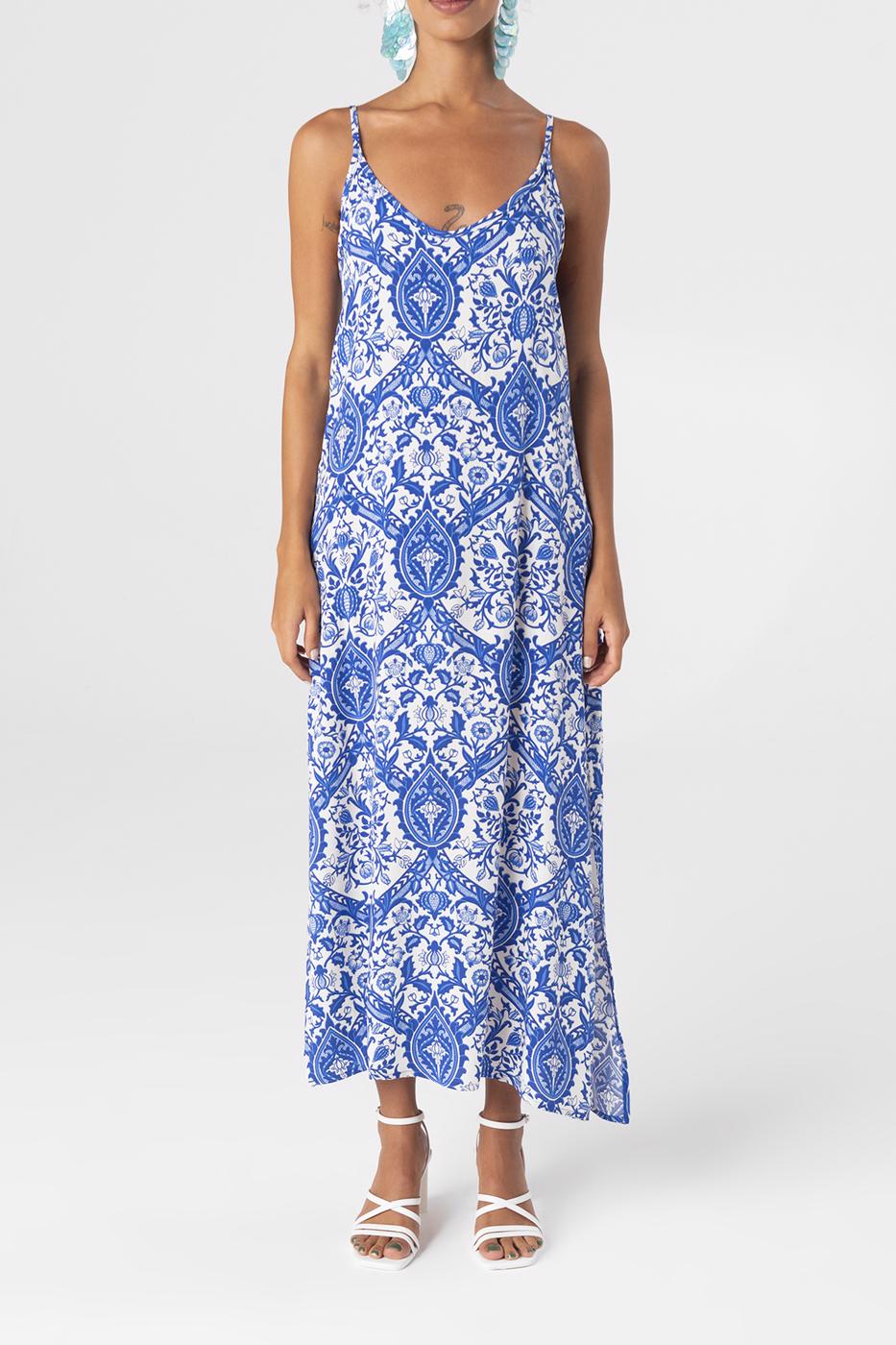 Bayan Mavi Askılı Yırtmaçlı Midi Boy Elbise