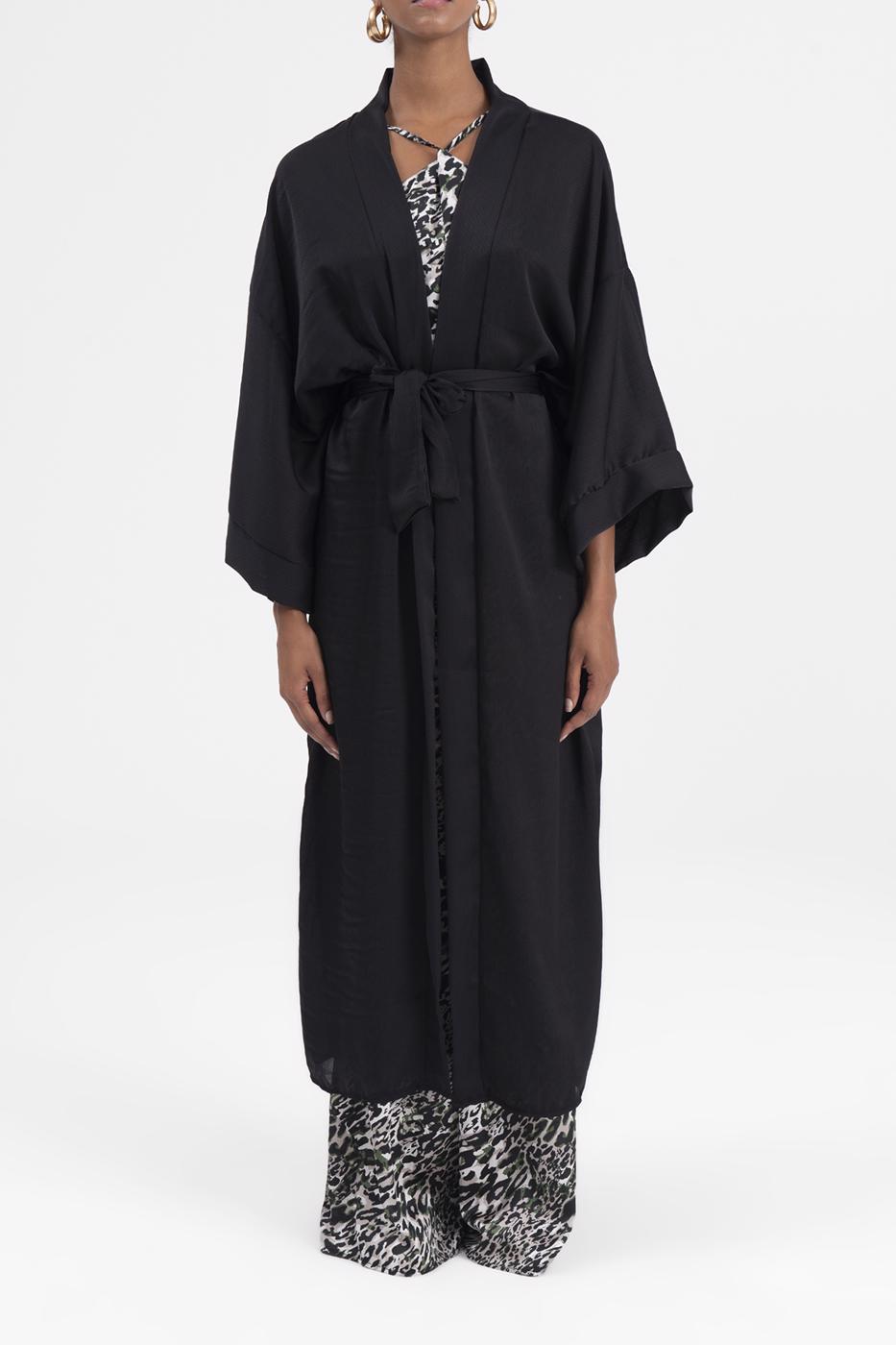 Bayan Siyah Kemer Detaylı Yarasa Kol Kimono