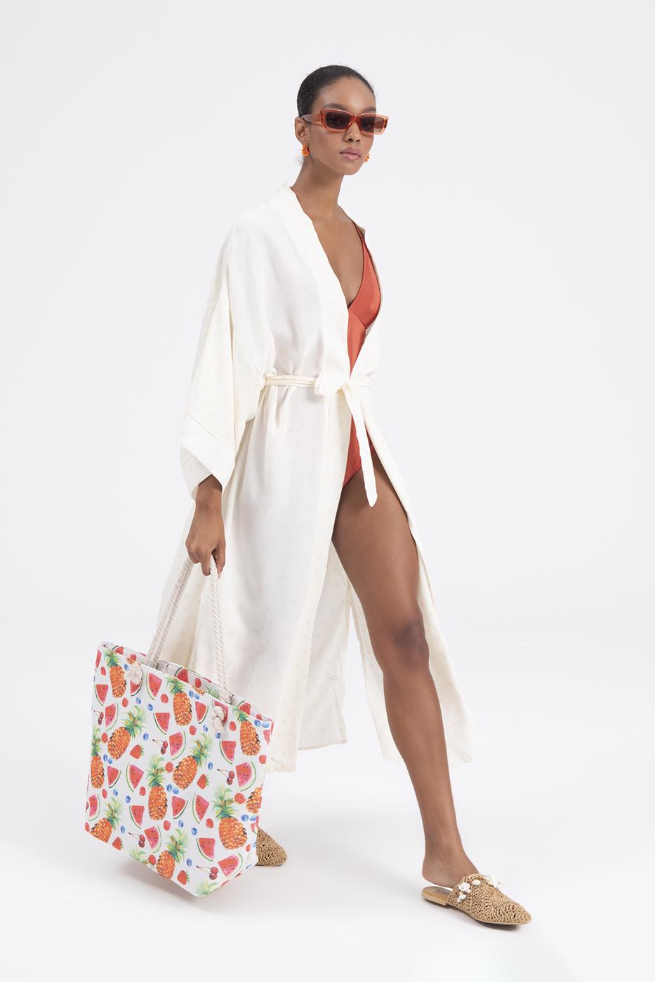 Bayan Ekru Desenli Kimono