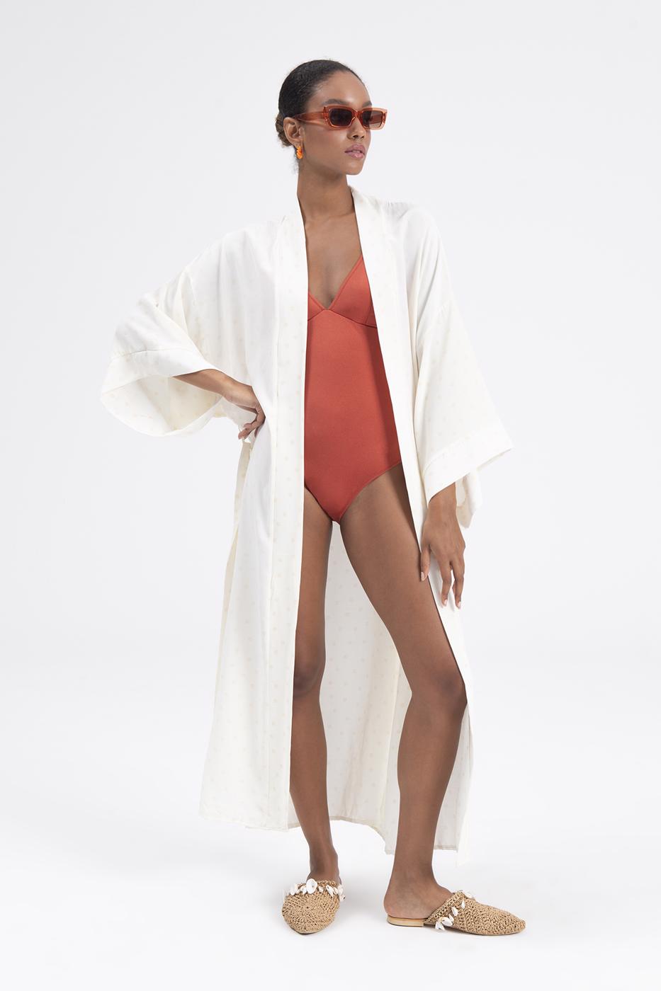 Bayan Ekru Desenli Kimono