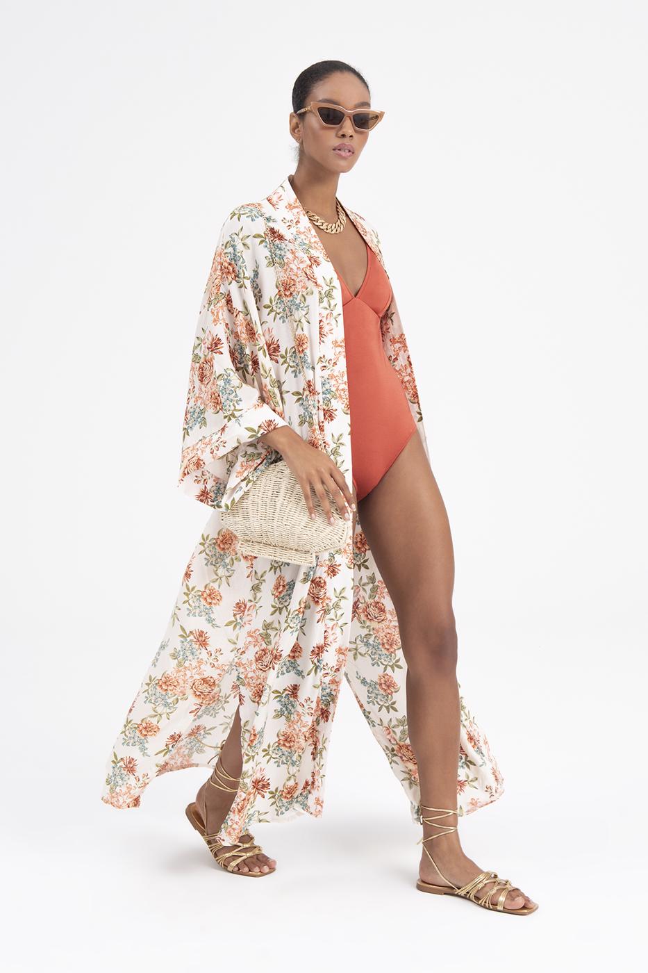 Bayan Krem Desenli Kimono