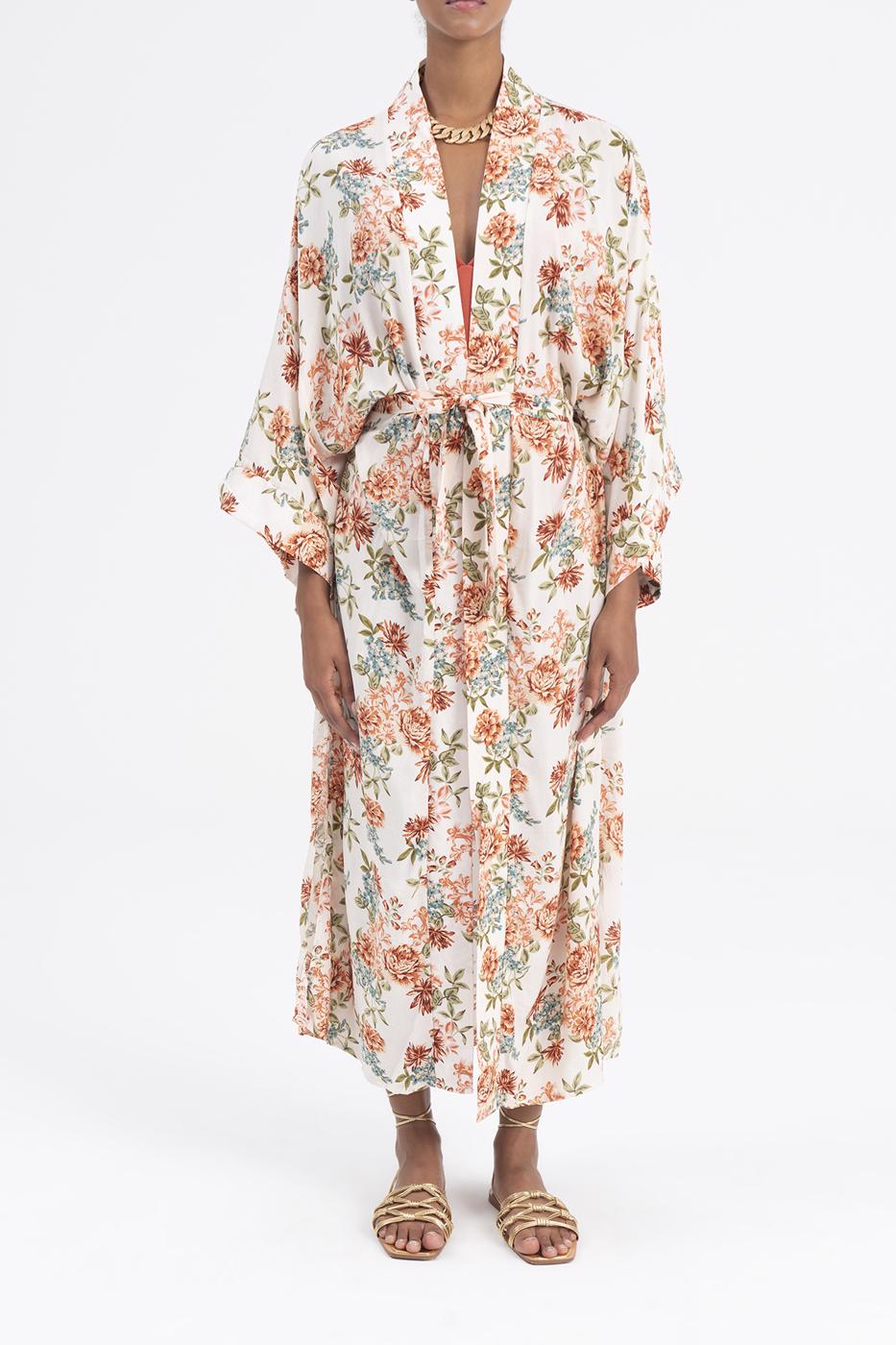 Bayan Krem Desenli Kimono