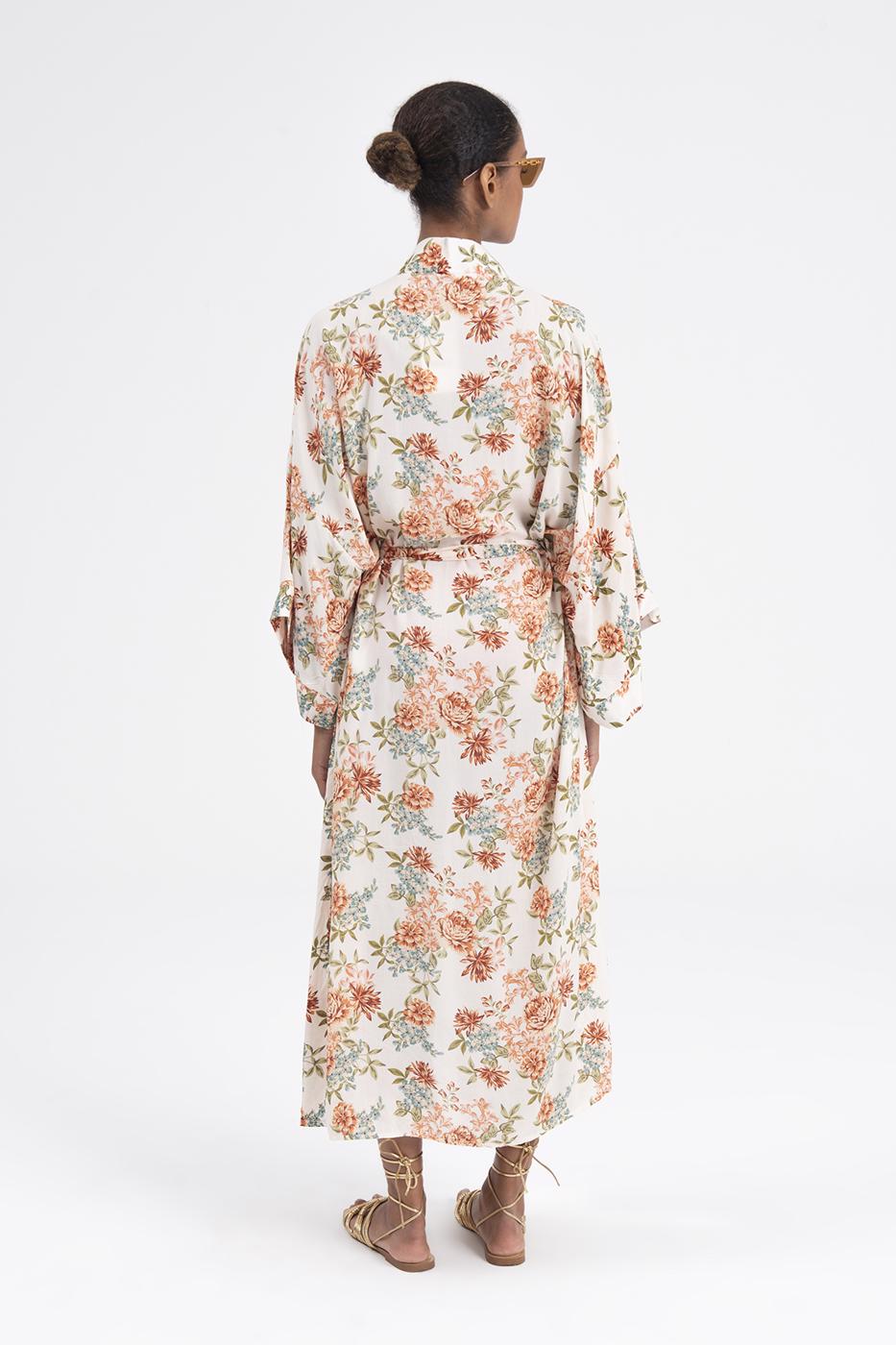 Bayan Krem Desenli Kimono