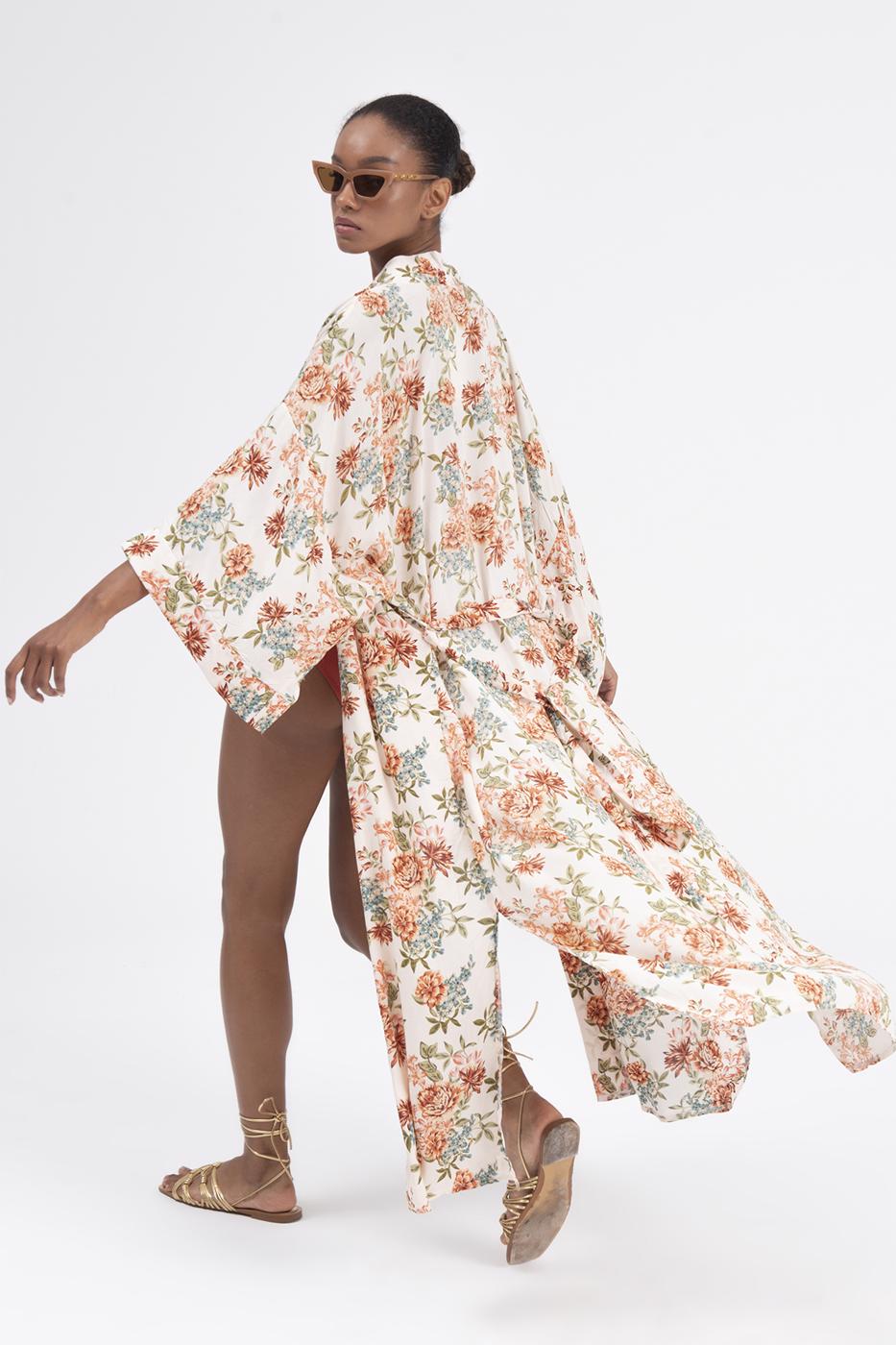 Bayan Krem Desenli Kimono