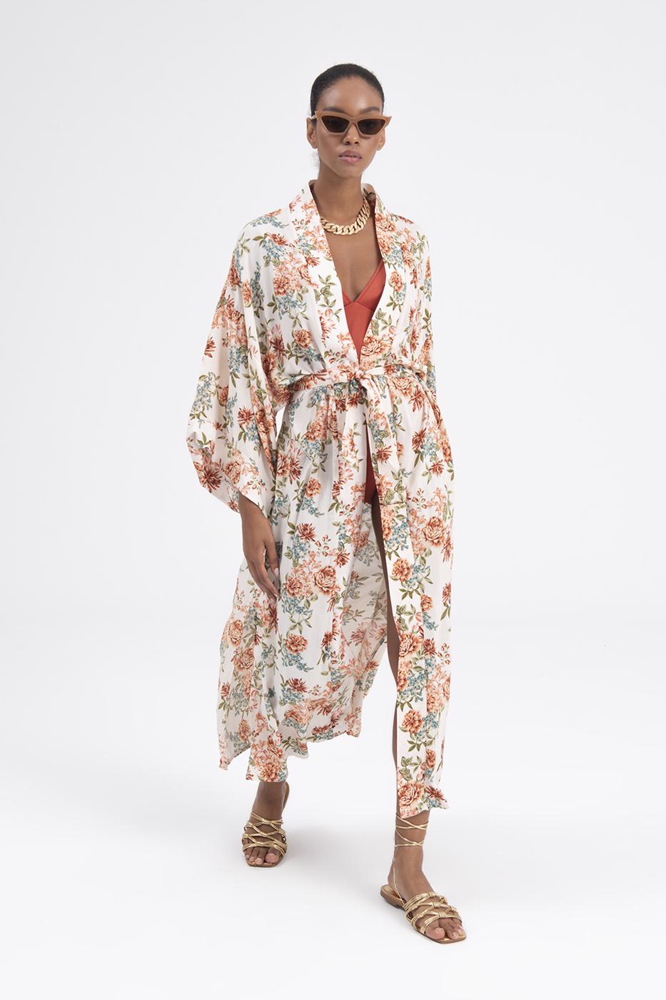 Bayan Krem Desenli Kimono