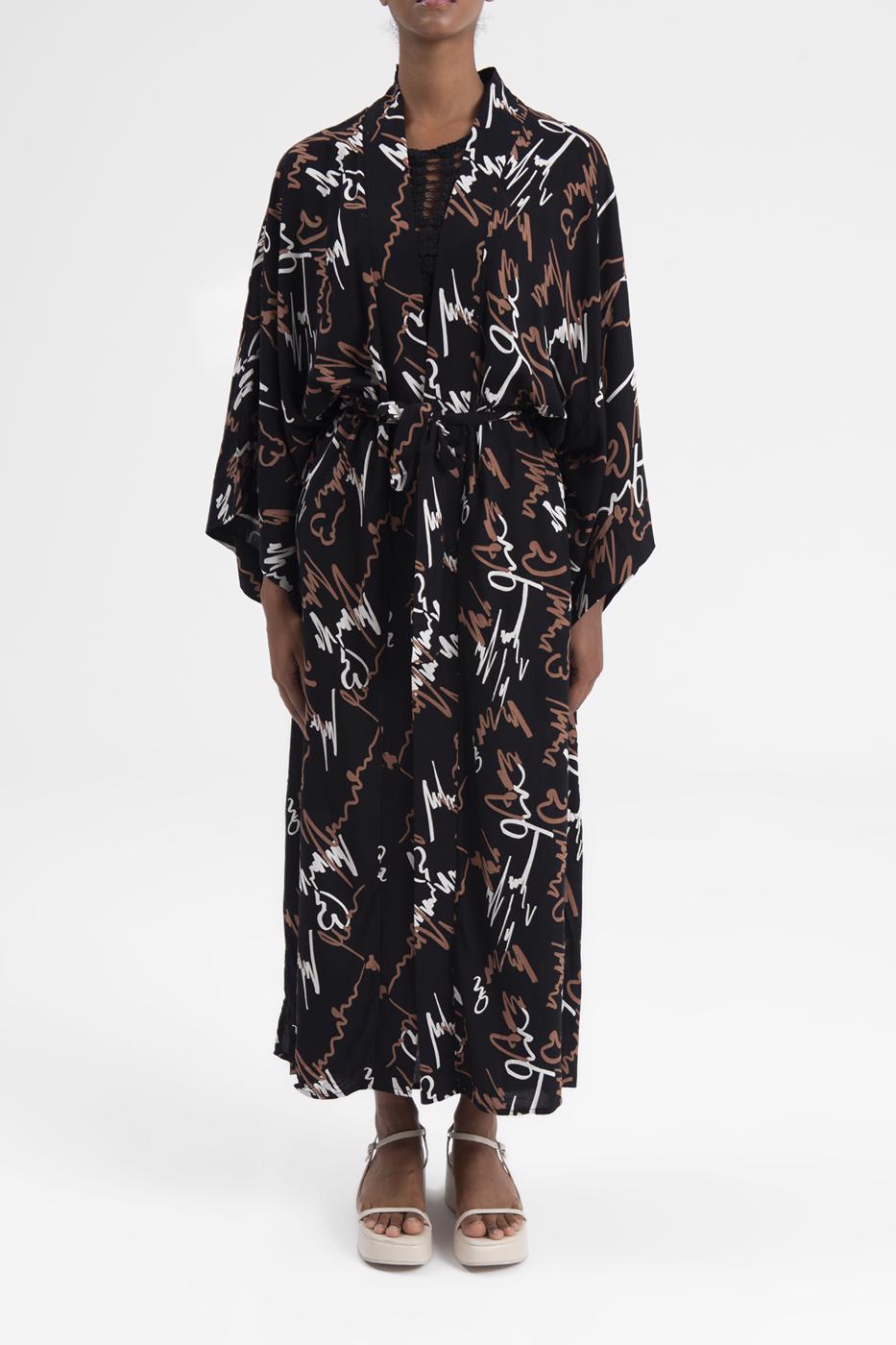 Bayan Siyah Desenli Kimono