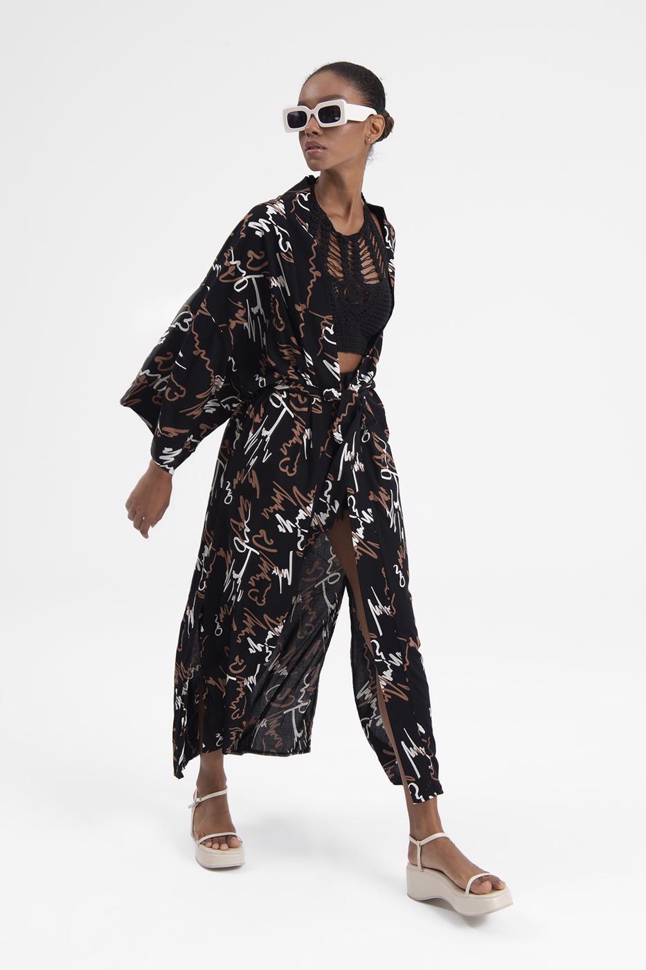 Bayan Siyah Desenli Kimono