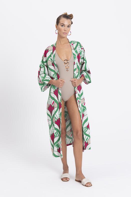 Bayan Yeşil Keten Karışımlı Desenli Kimono - BSL