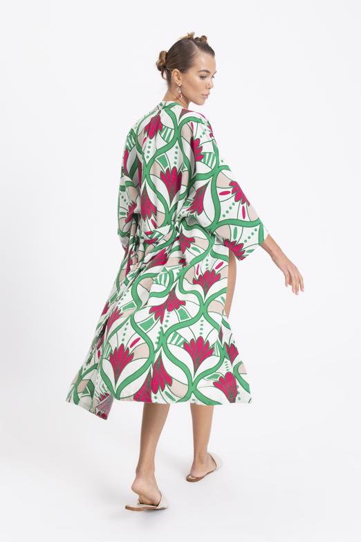 Bayan Yeşil Keten Karışımlı Desenli Kimono - BSL