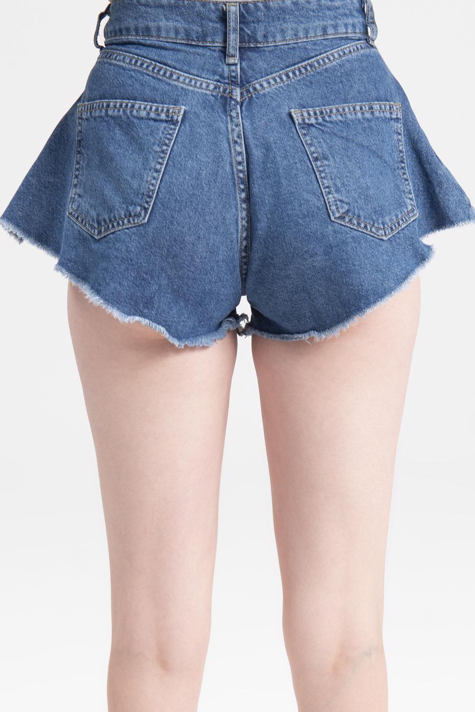 Bayan Mavi Paça Ucu Kesik Volanlı Denim Mini Şort