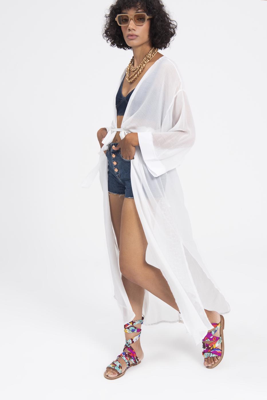 Bayan Beyaz Arka Dantel Detaylı Uzun Kimono