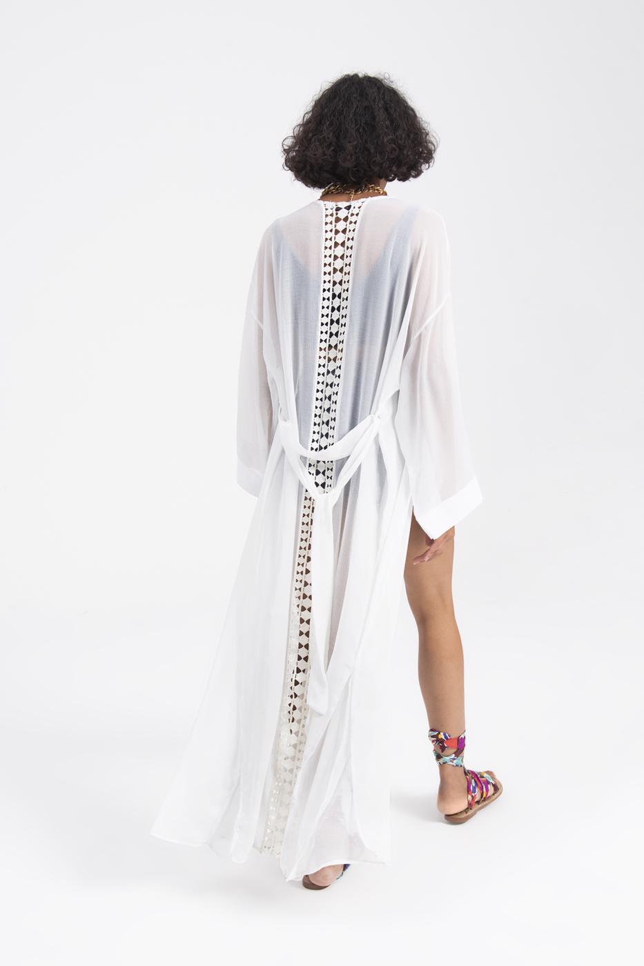 Bayan Beyaz Arka Dantel Detaylı Uzun Kimono
