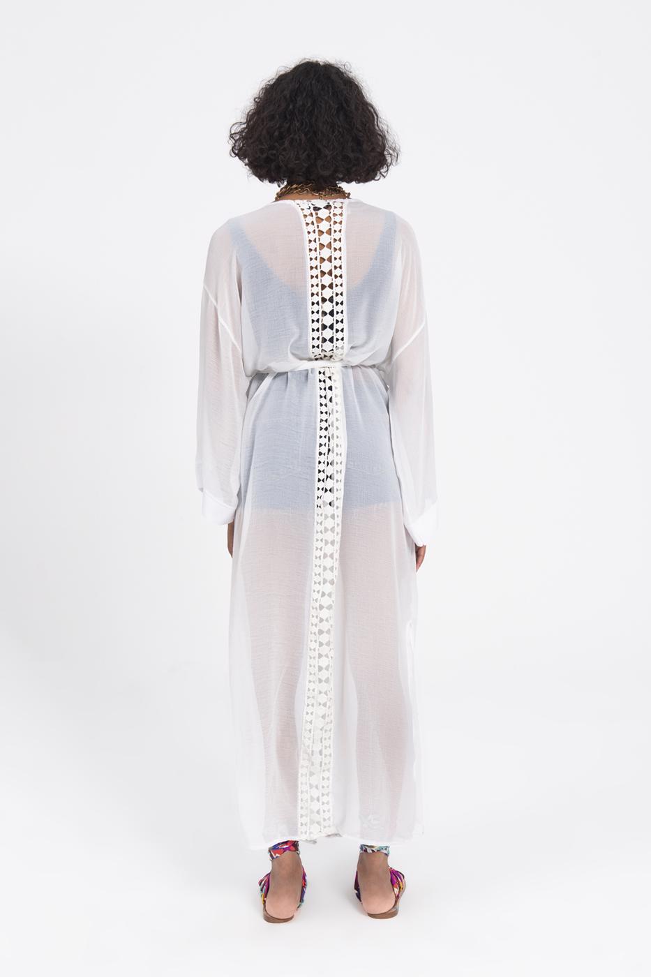 Bayan Beyaz Arka Dantel Detaylı Uzun Kimono