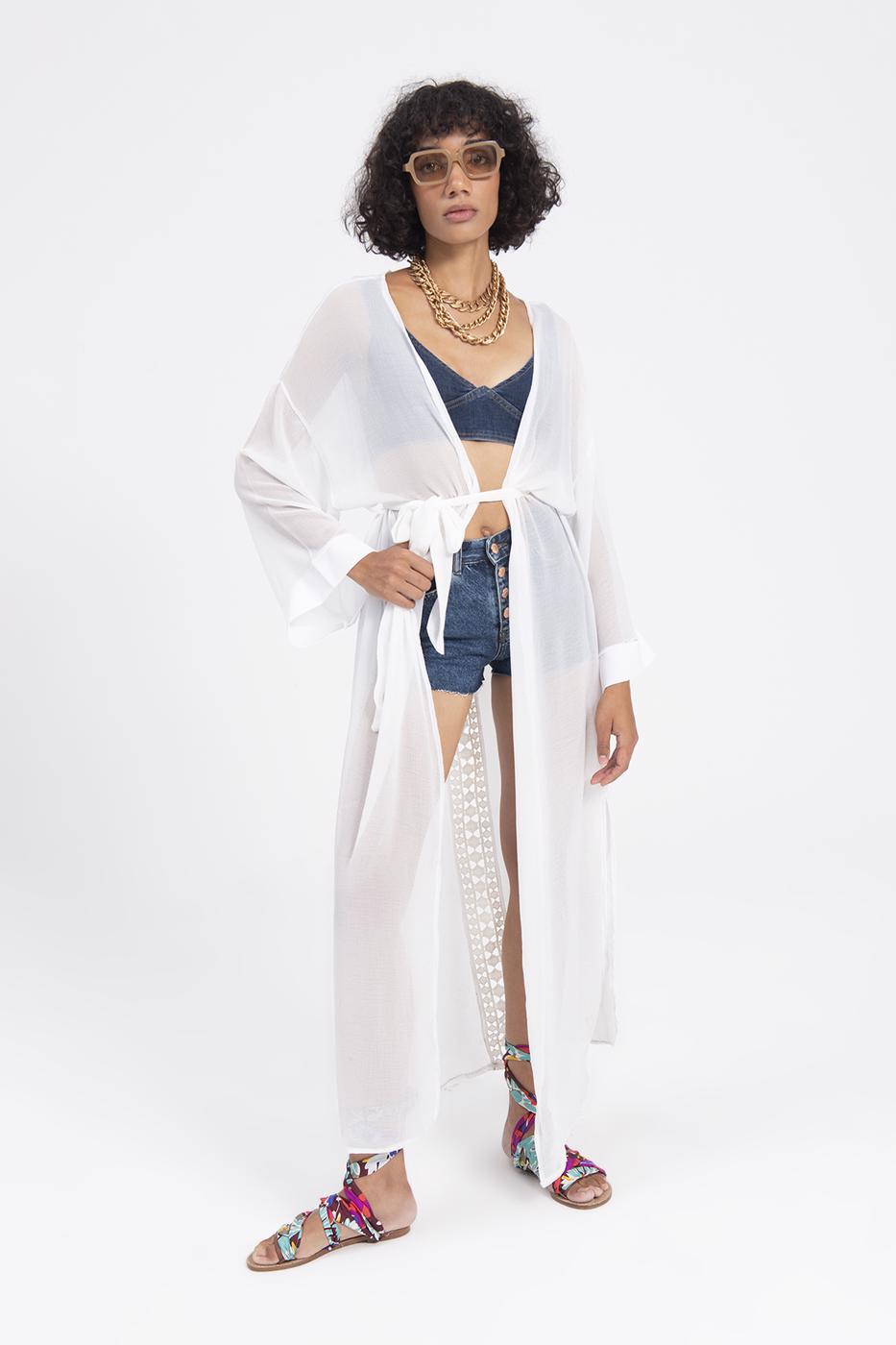 Bayan Beyaz Arka Dantel Detaylı Uzun Kimono