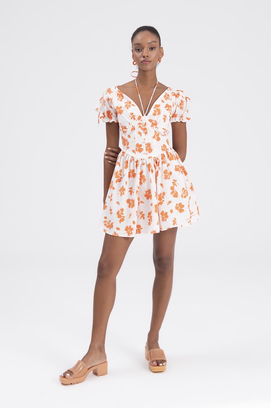 Bayan Ekru Derin Göğüs Dekolteli Mini Elbise