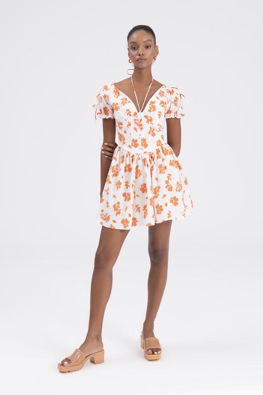 Bayan Ekru Derin Göğüs Dekolteli Mini Elbise - BSL