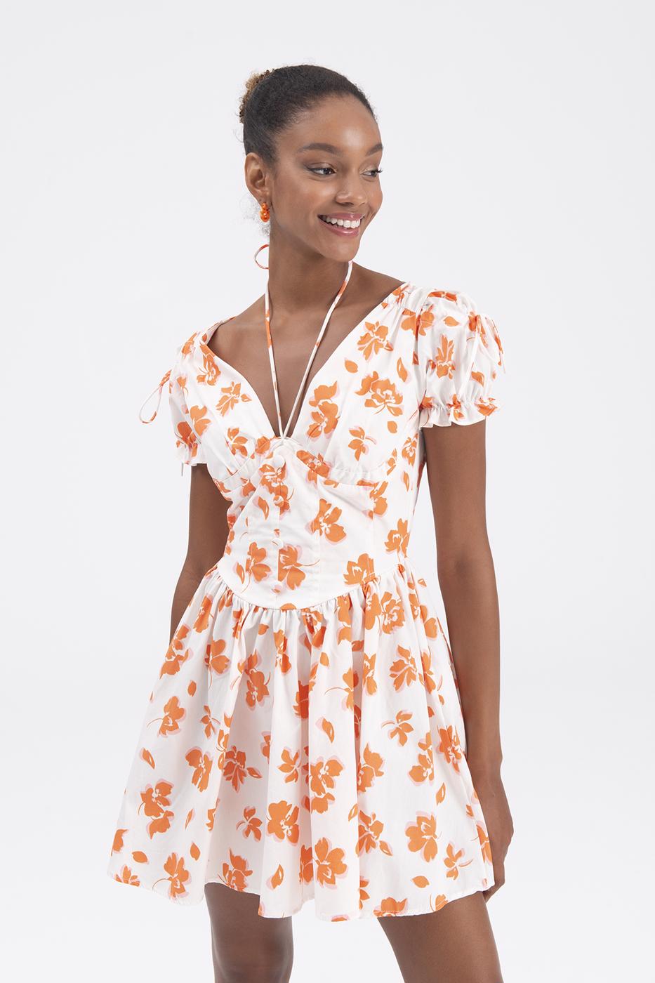 Bayan Ekru Derin Göğüs Dekolteli Mini Elbise