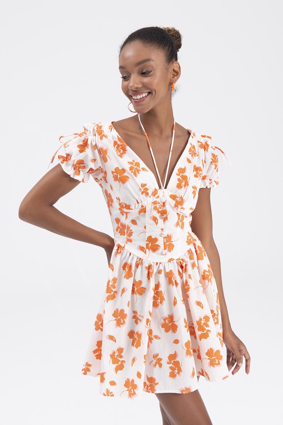 Bayan Ekru Derin Göğüs Dekolteli Mini Elbise