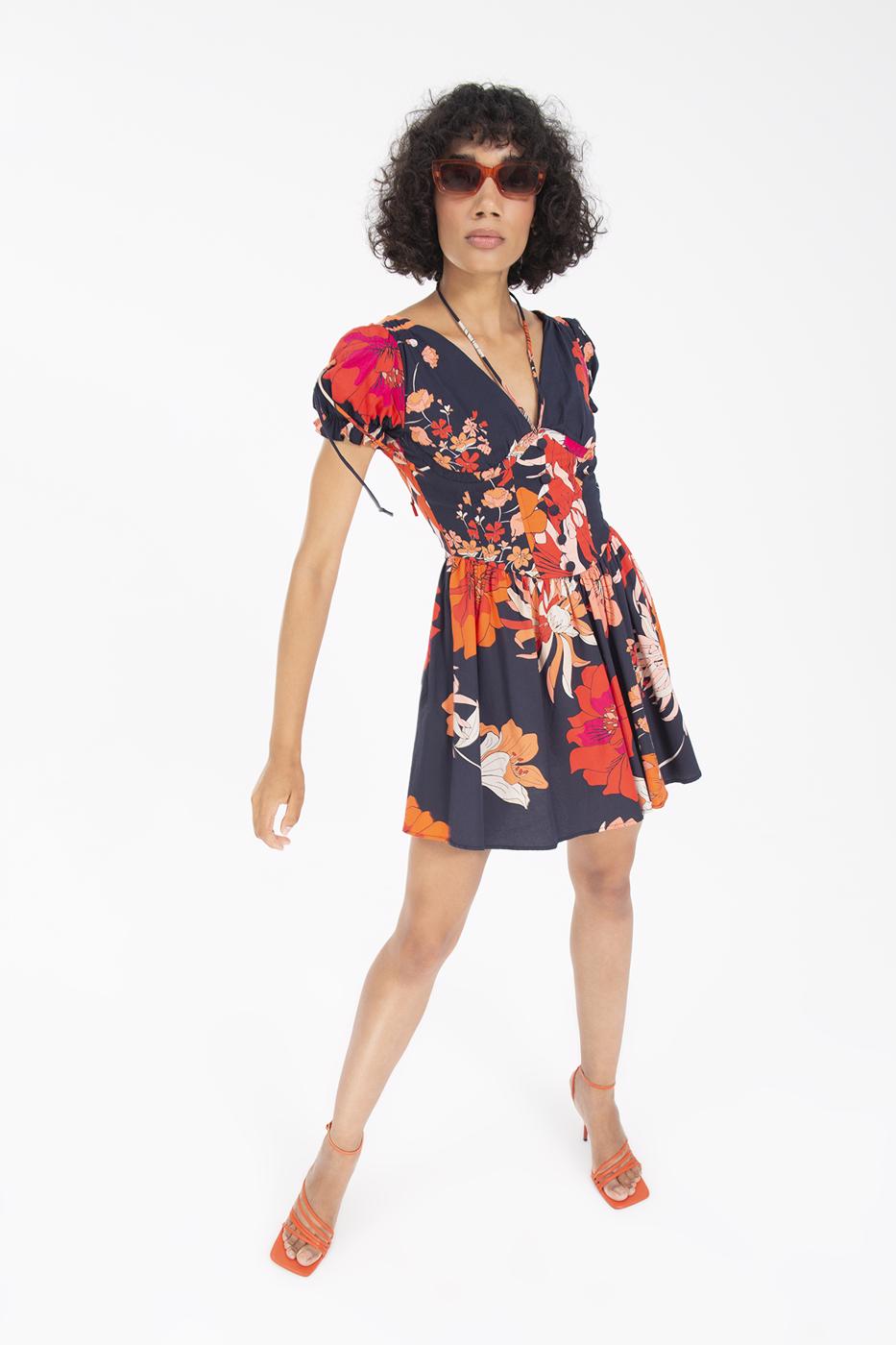 Bayan Lacivert Derin Göğüs Dekolteli Mini Elbise