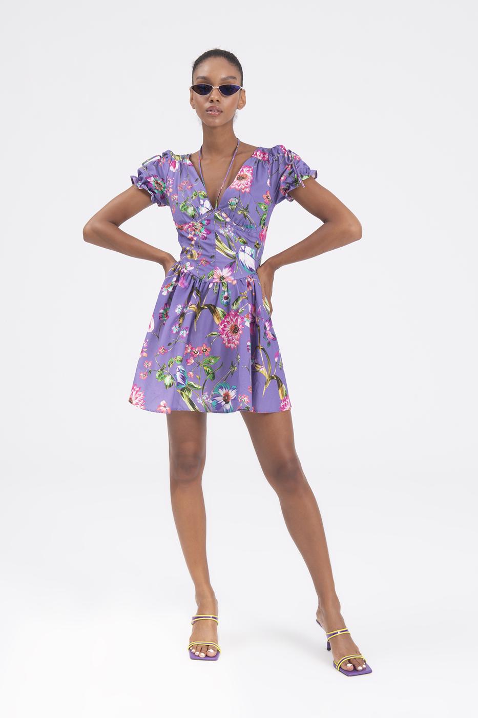 Bayan Mor Derin Göğüs Dekolteli Mini Elbise