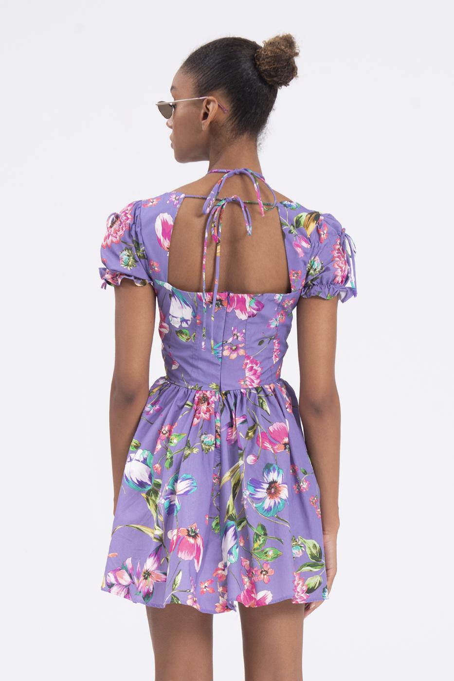 Bayan Mor Derin Göğüs Dekolteli Mini Elbise