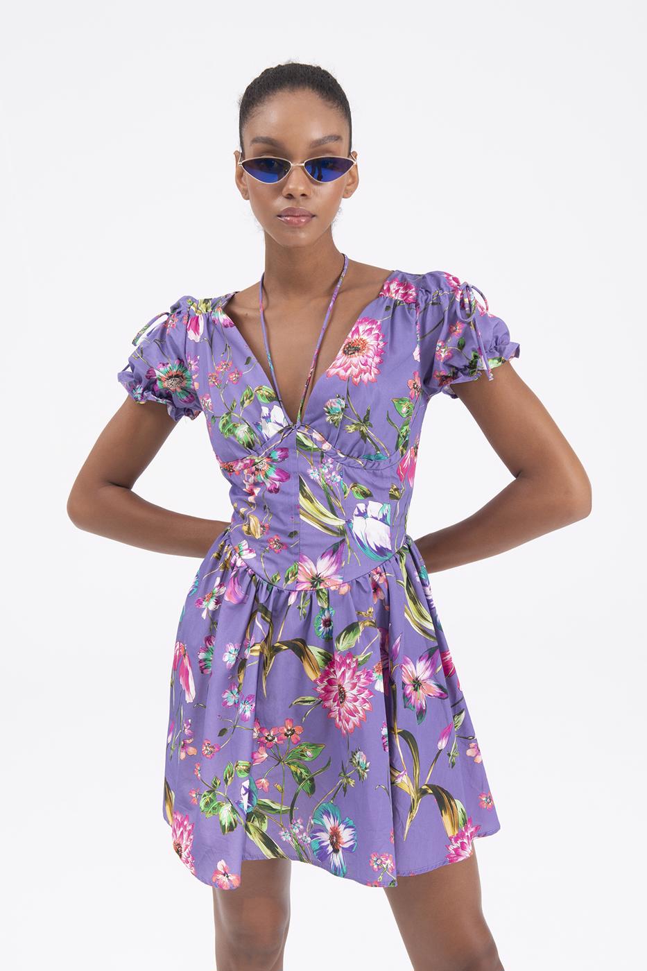 Bayan Mor Derin Göğüs Dekolteli Mini Elbise