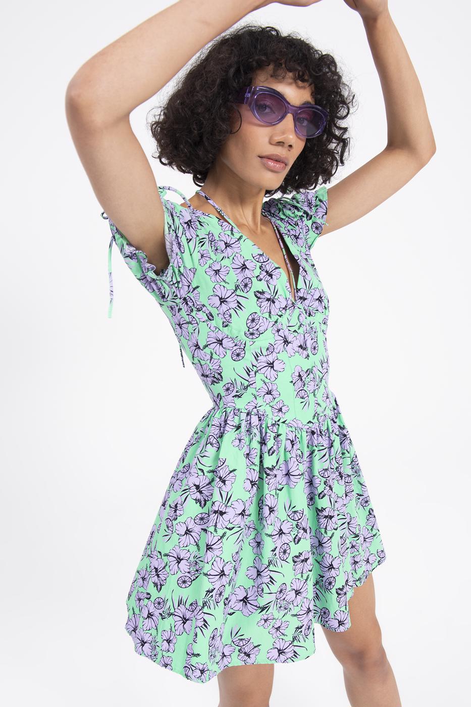 Bayan Yeşil Derin Göğüs Dekolteli Mini Elbise