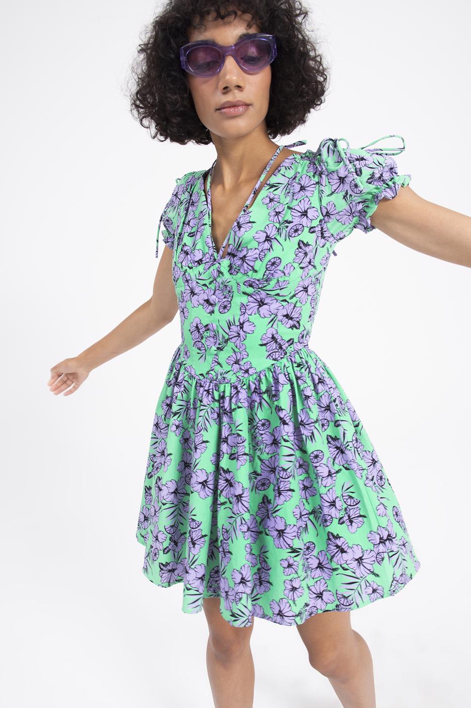 Bayan Yeşil Derin Göğüs Dekolteli Mini Elbise