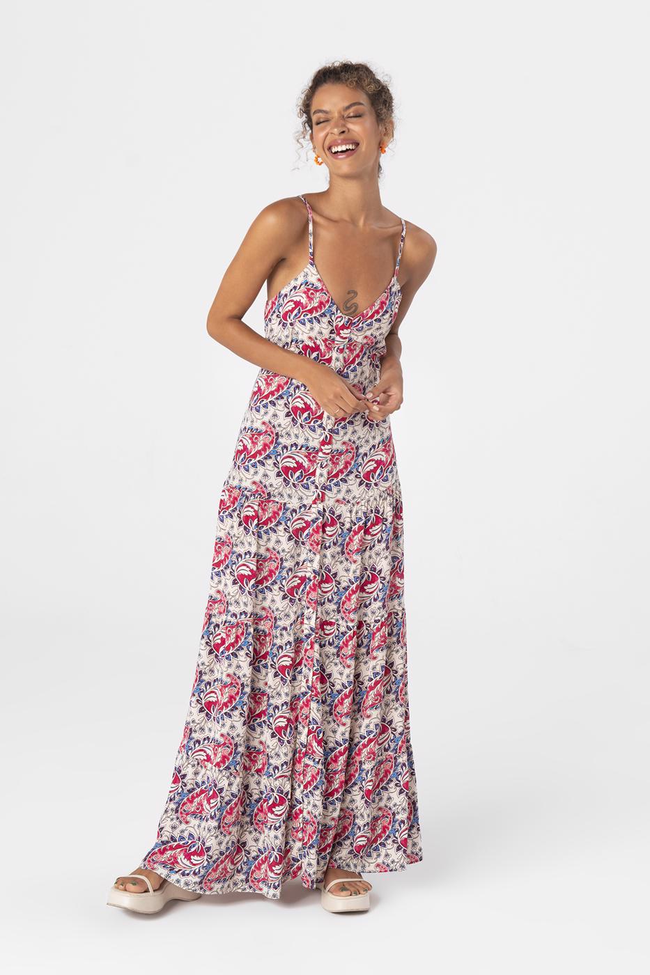 Bayan Bej Askılı Uzun Elbise