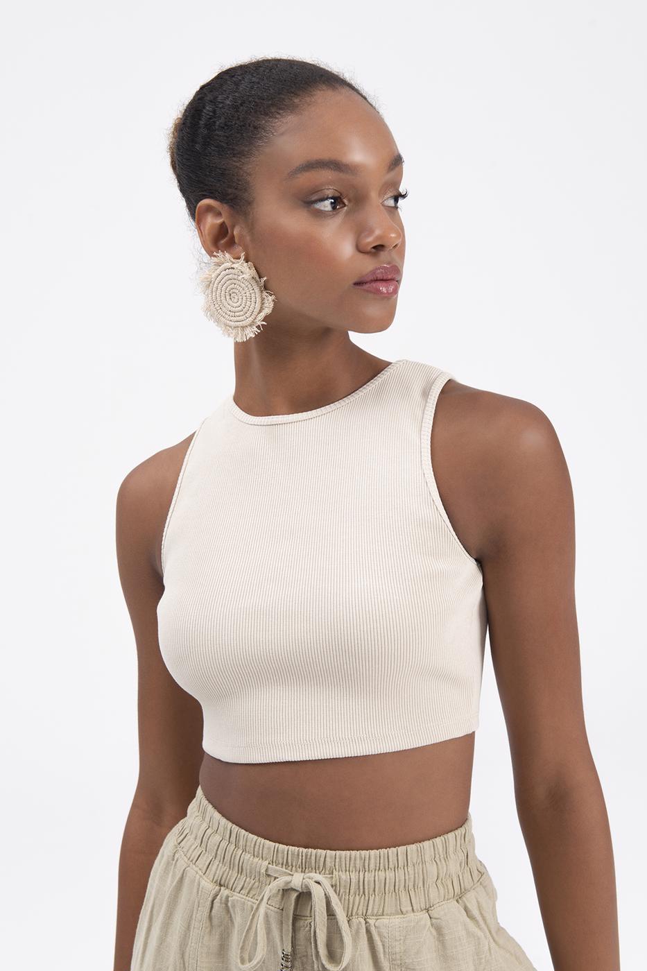 Bayan Bej Sırt Pencereli Crop Body