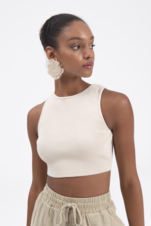 Bayan Bej Sırt Pencereli Crop Body - BSL