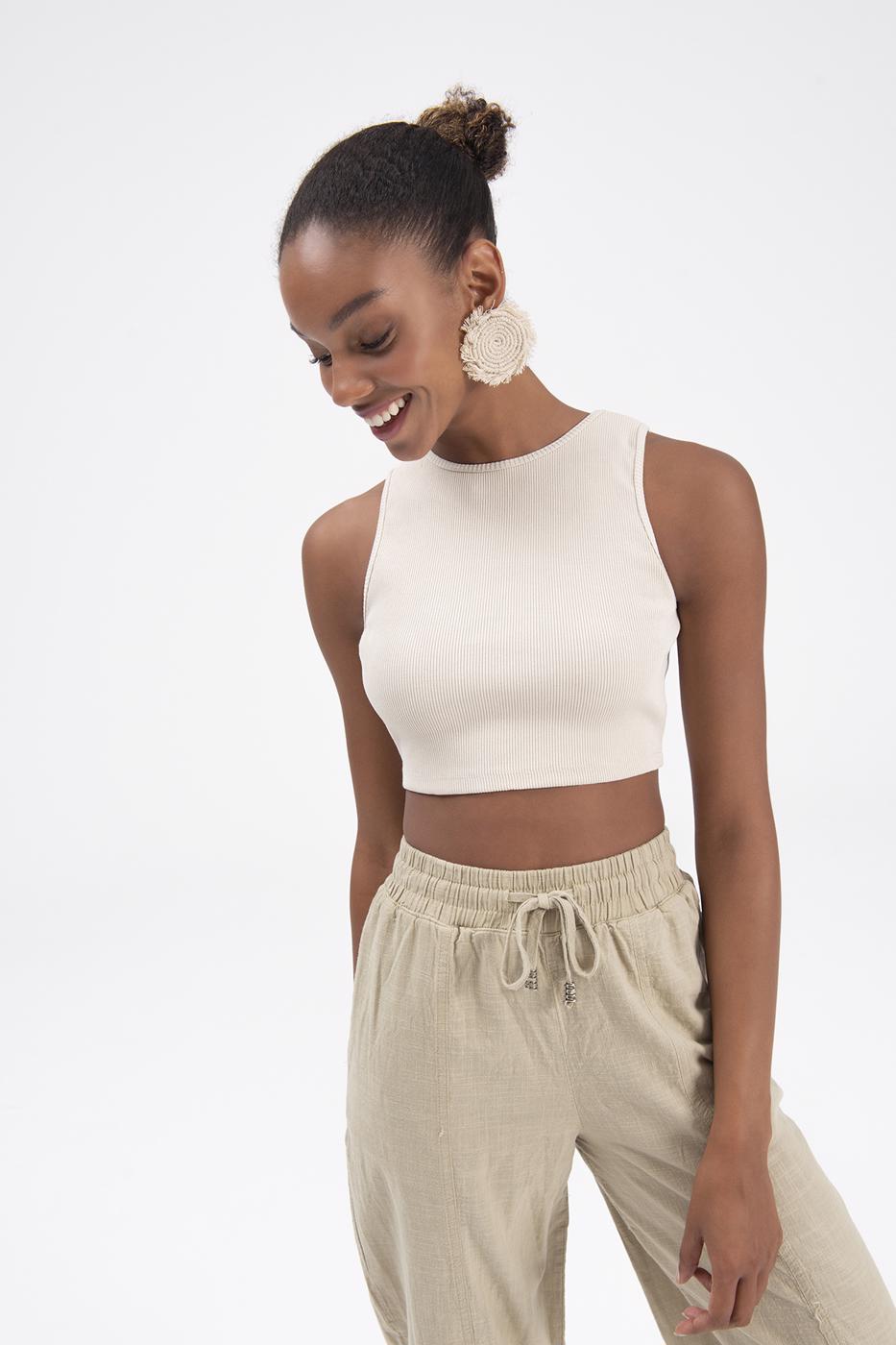 Bayan Bej Sırt Pencereli Crop Body