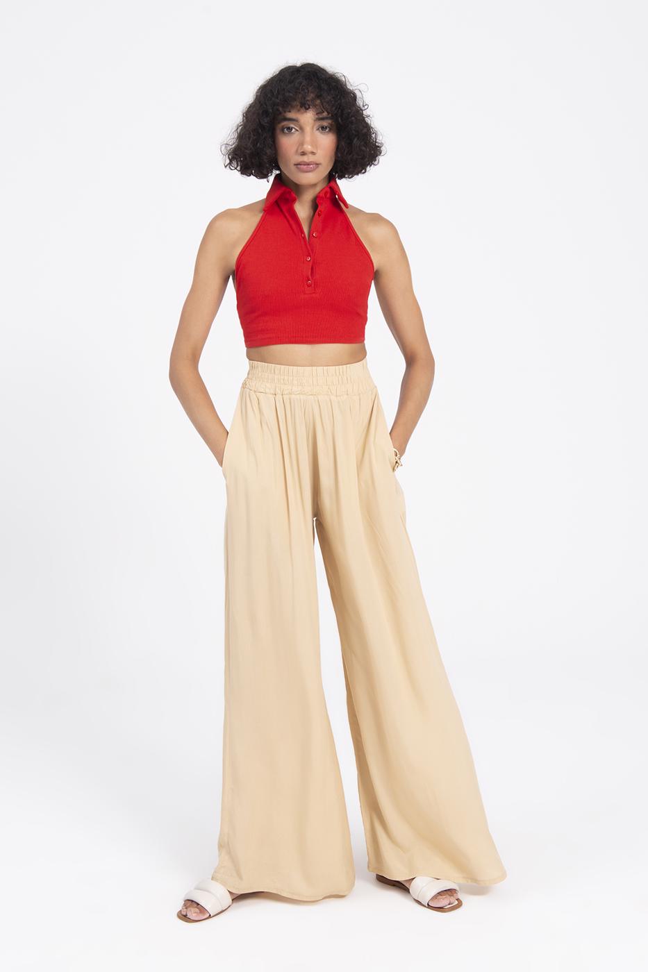 Bayan Bej Bel Lastikli Bol Pantolon