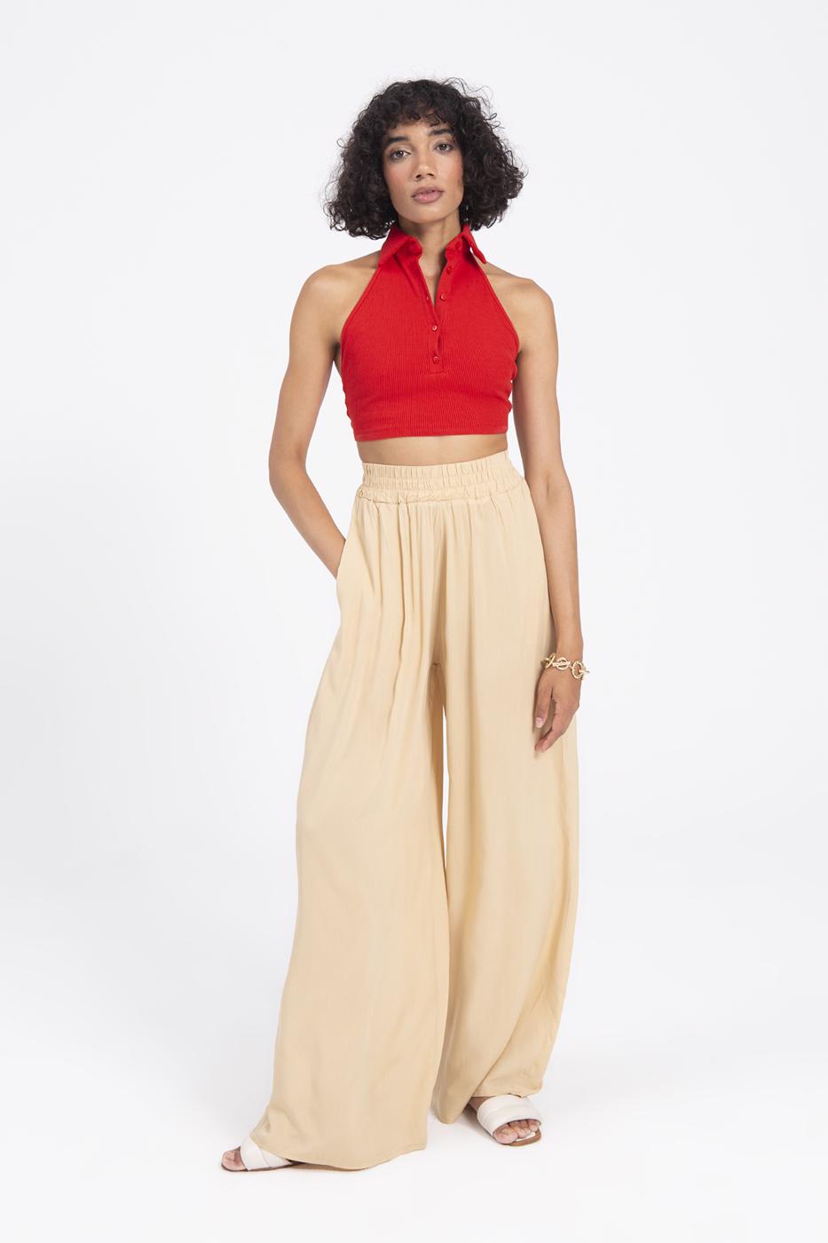 Bayan Bej Bel Lastikli Bol Pantolon