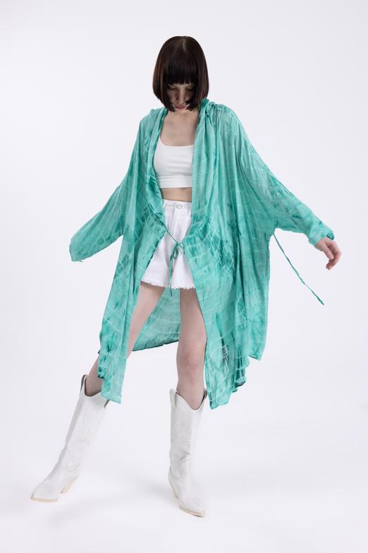 Bayan Yeşil Kapişonlu Midi Boy Kimono - BSL