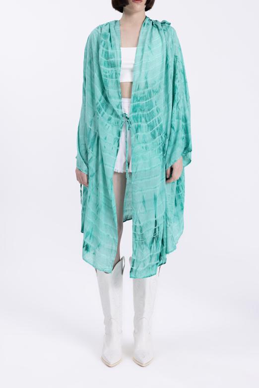 Bayan Yeşil Kapişonlu Midi Boy Kimono - BSL