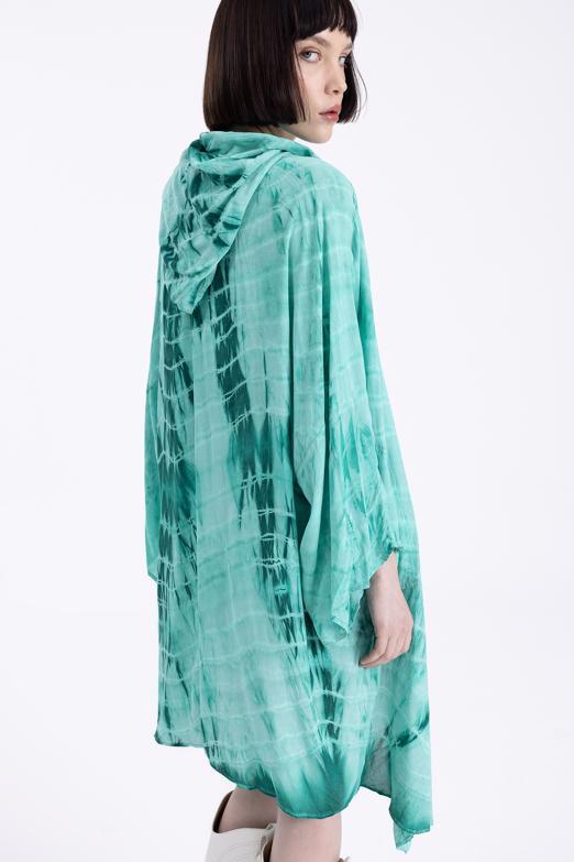 Bayan Yeşil Kapişonlu Midi Boy Kimono - BSL