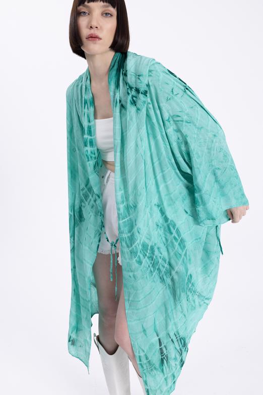 Bayan Yeşil Kapişonlu Midi Boy Kimono - BSL