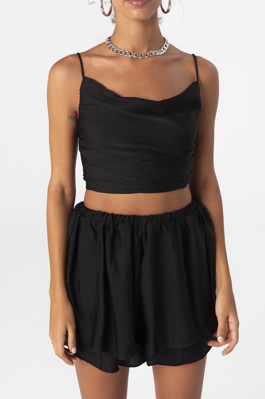 Bayan Siyah Degaje Yaka Askılı Crop Bluz