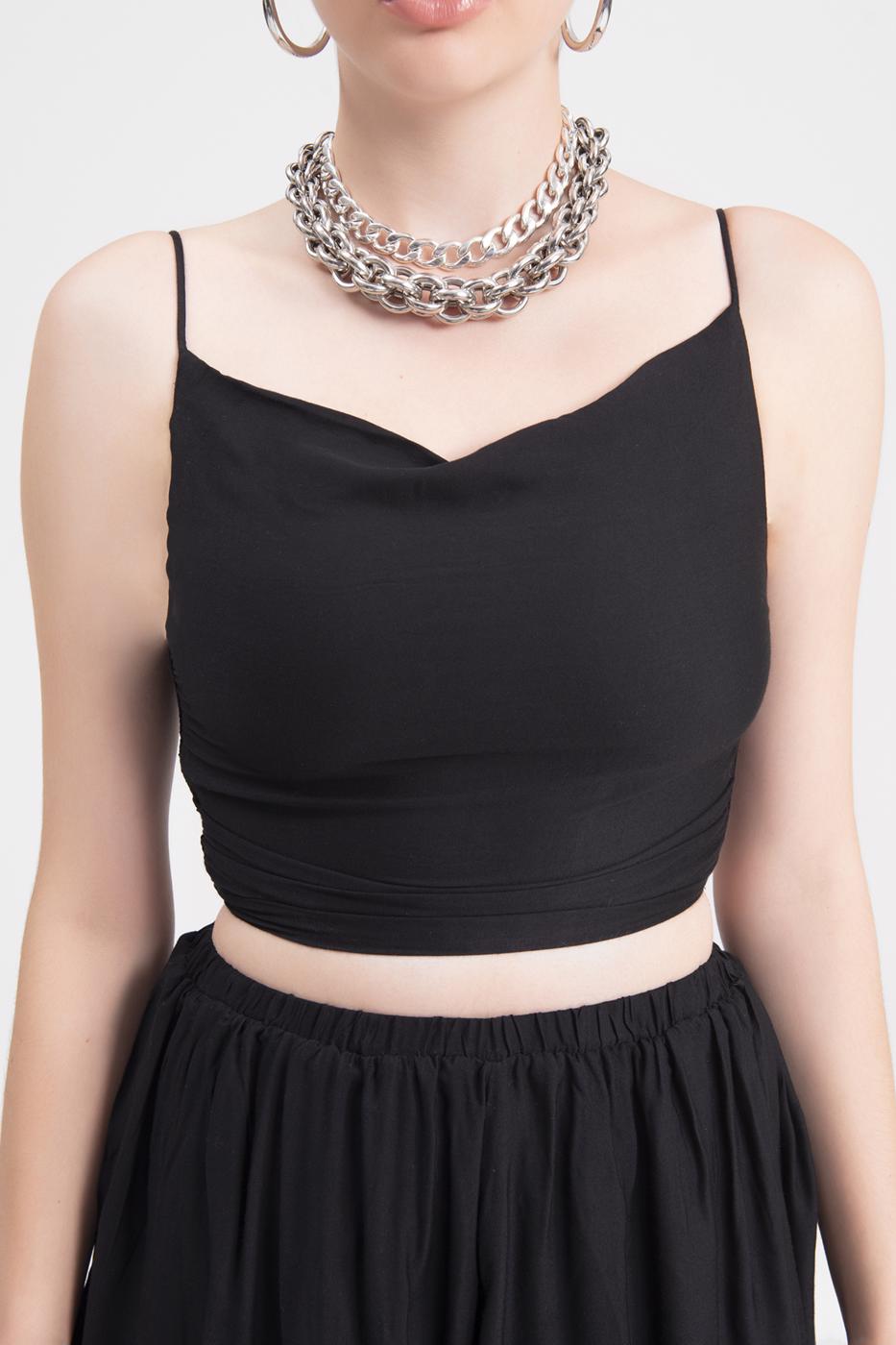 Bayan Siyah Degaje Yaka Askılı Crop Bluz