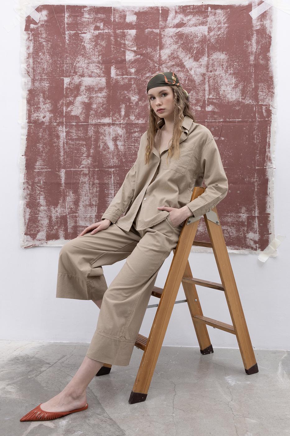 Bayan Bej Keten Bol Pantolon