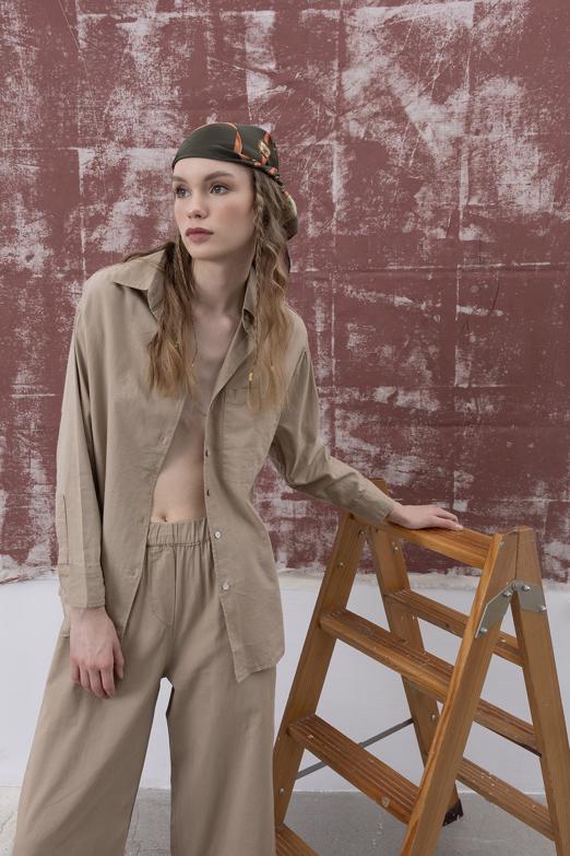 Bayan Bej Uzun Kollu Keten Gömlek - BSL